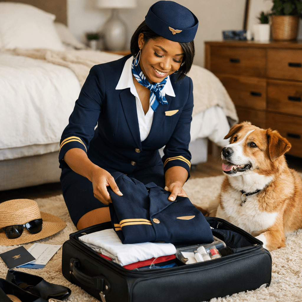 Flight attendant packing a suitcase while a dog watches