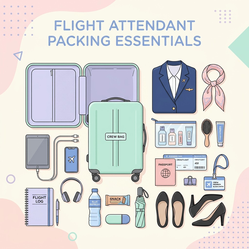 Suitcase, uniform, tablet, phone, flight log, headphones, water bottle, snack, toiletries, umbrella, shoes, ID badge, passport, and travel documents.